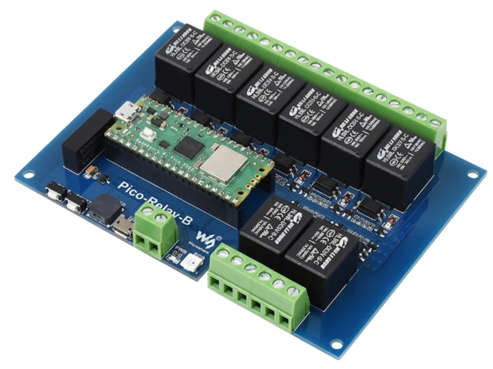 Raspberry Pi Pico W mounted on the Waveshare Pico-Relay-B expansion board, with its eight relay channels